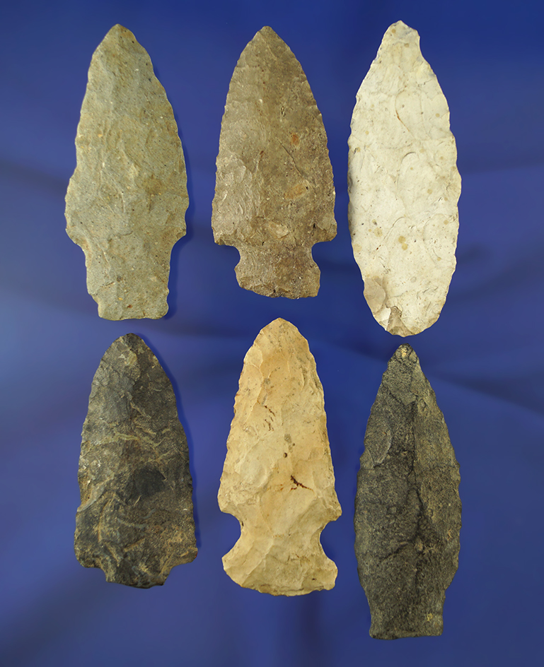 Set of six nice Michigan arrowheads, largest is 3 1/8". Collected prior to 1950. Ex. Phil Wagle