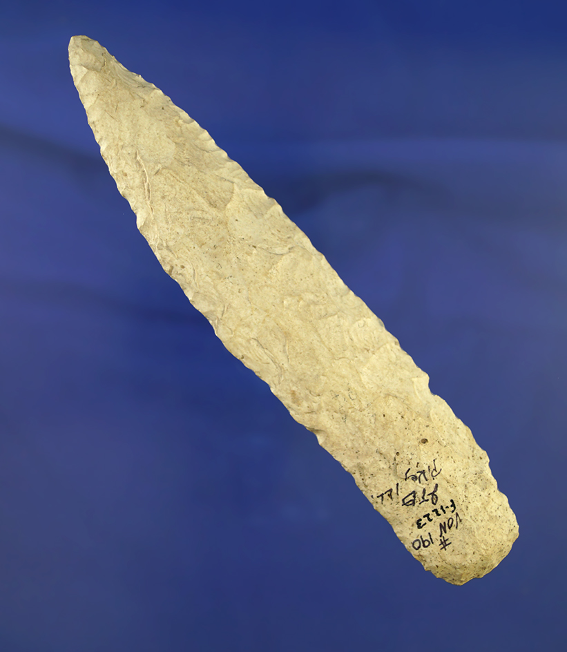 Large 6 9/16" Nebo Hilll Knife made from Burlington chert found in Pike Co., Illinois.  Perino COA.
