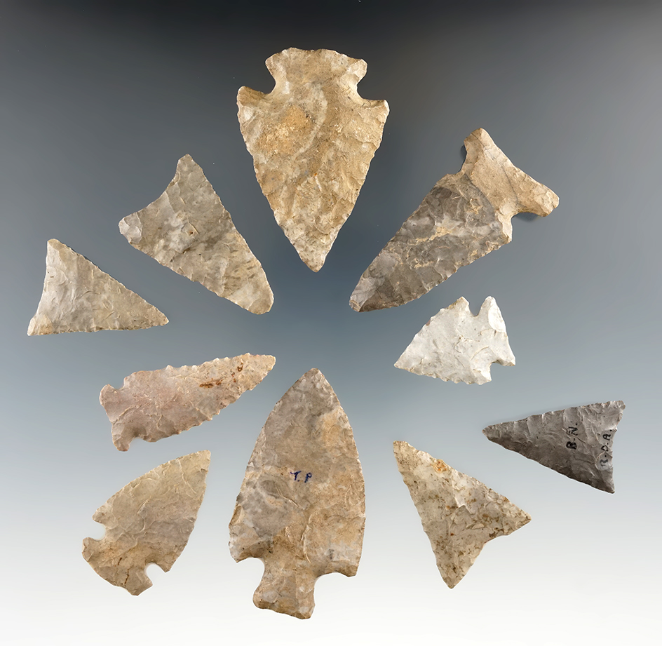 Nice set of 10 assorted points found in New York, largest is 2 1/4".