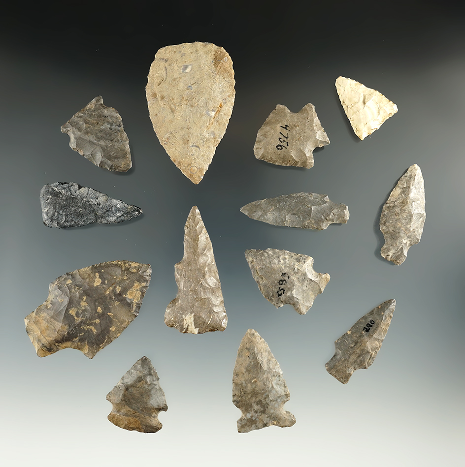 Group of 13 assorted Pennsylvania arrowheads and Knives, largest is 2 1/8".