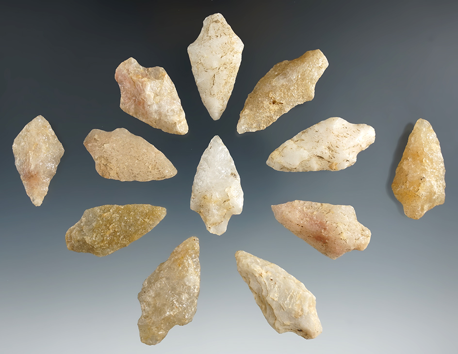 Set of 12 quartz points found in New Jersey, largest is 1 3/4".
