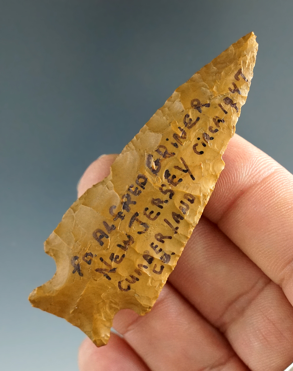 2 11/16" Archaic Cornernotch - Jasper found by Alfred Griner in Cumberland Co., NJ in 1947.