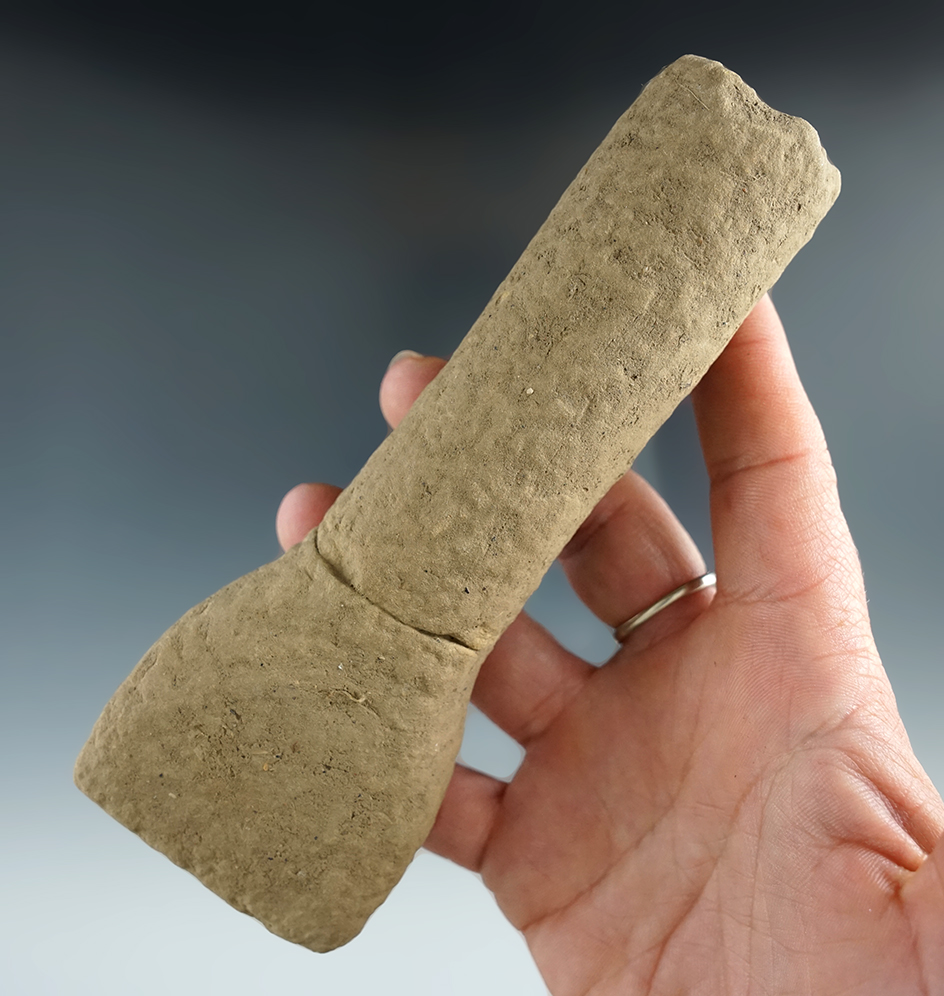 Rare! 5 5/8" Adena sandstone flared end tube pipe preform- Wellston, Ohio. Broken and glued