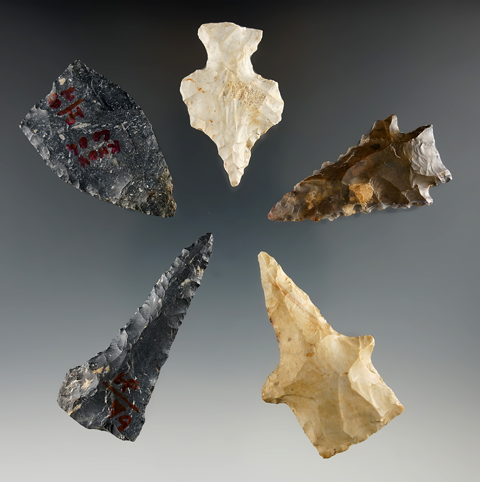 Set of five assorted points and drills found in Ohio, largest is 2".