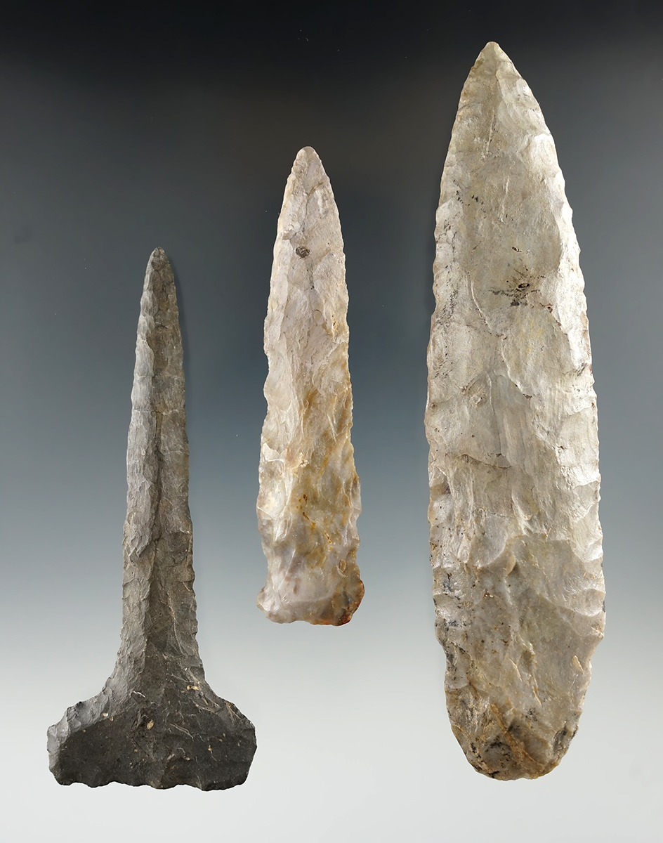 Set of three restored artifacts including two drills and an Adena Knife that is 4 13/16" long - Ohio