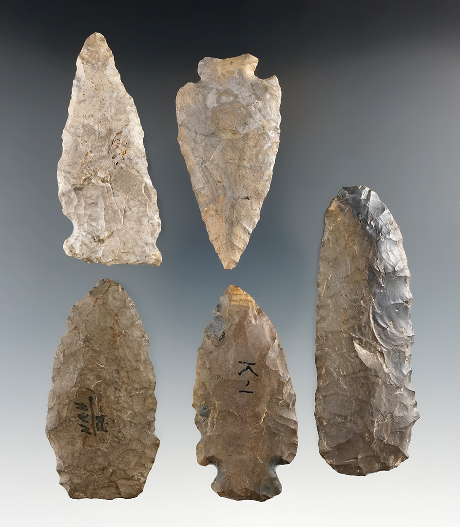 Set of five Flint Knives found in New York, largest is 3 1/2".