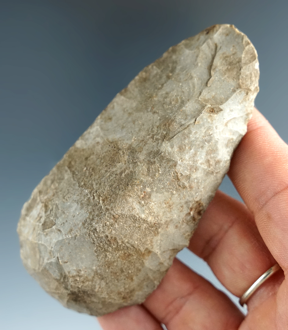 Large for type, 3 3/8" perfectly styled hump back scraper found in Meigs Co., Ohio near Pomeroy.