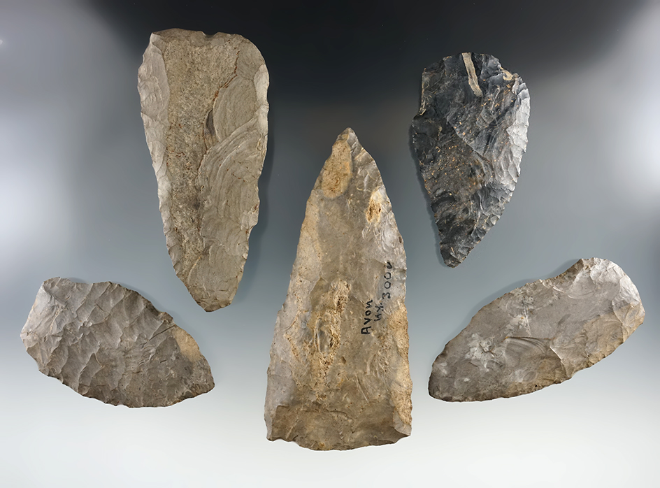 Set of five large Flint Blades found in New York. This is a very nice set. Largest is 5 1/16".