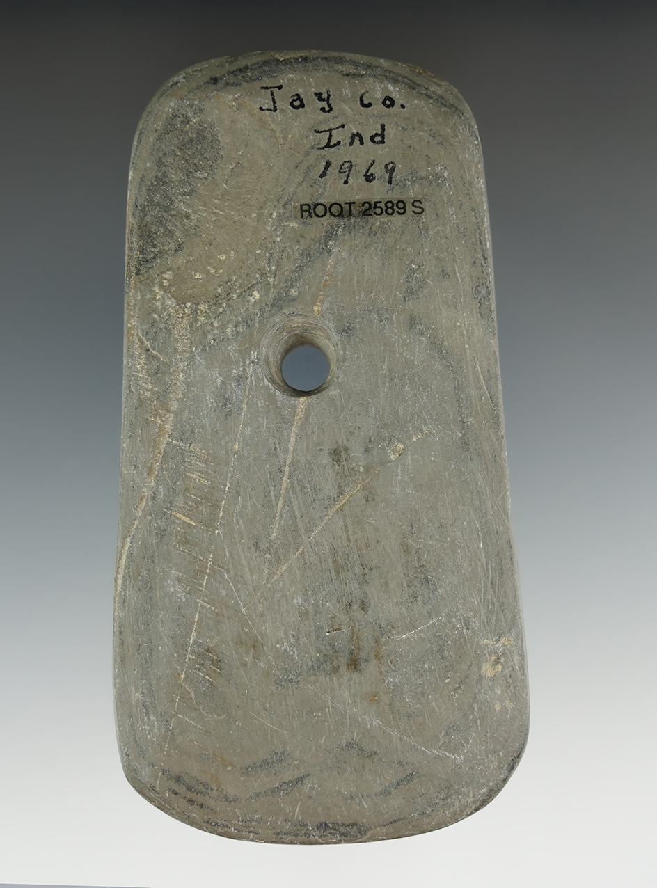 4 3/16" Adena Pendant found in 1969 by Everett Cull in Jay Co., Indiana. Ex. Cull Family.