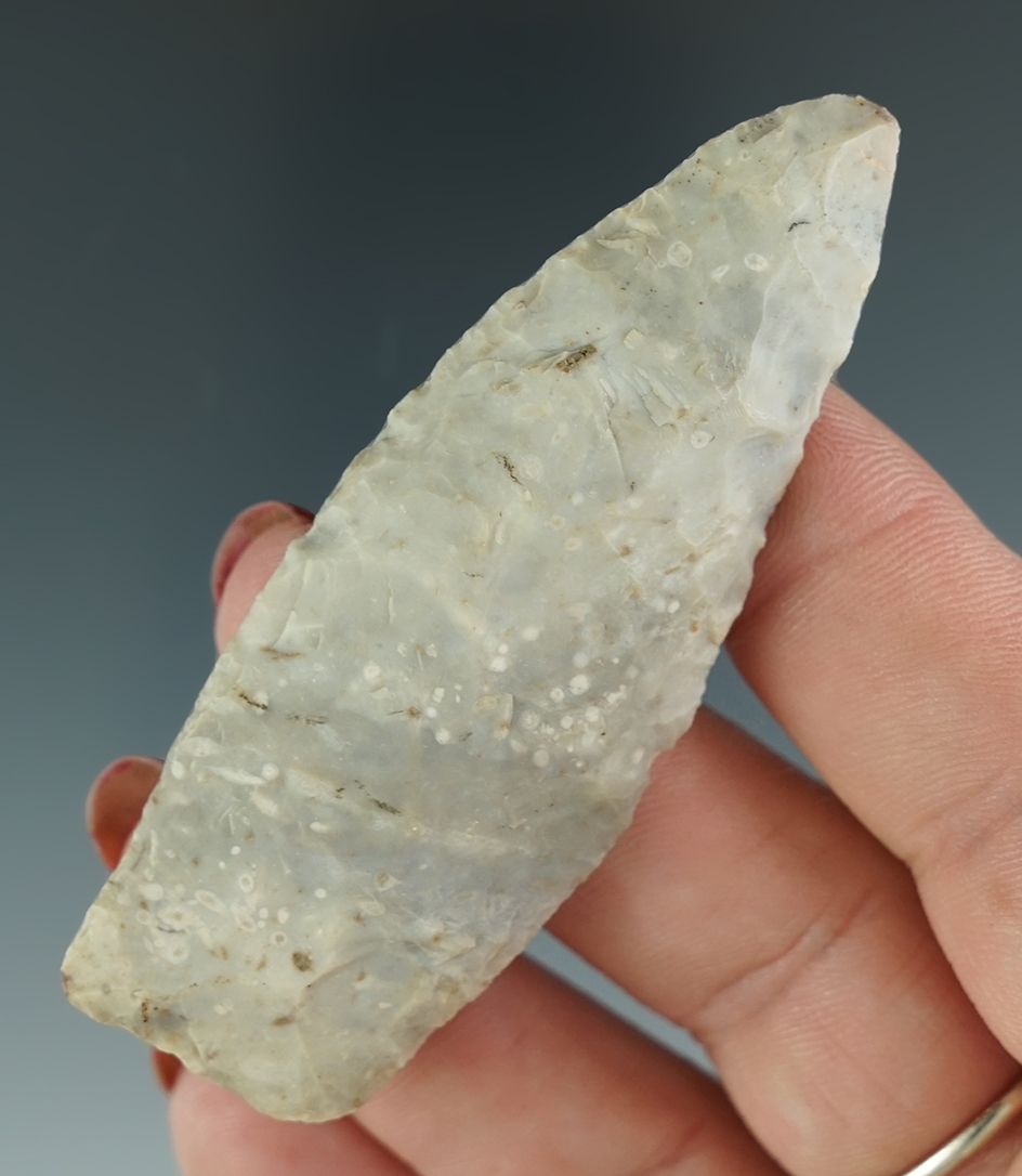 2 3/4" Paleo Lanceolate with nicely ground lower edges found in Indiana.
