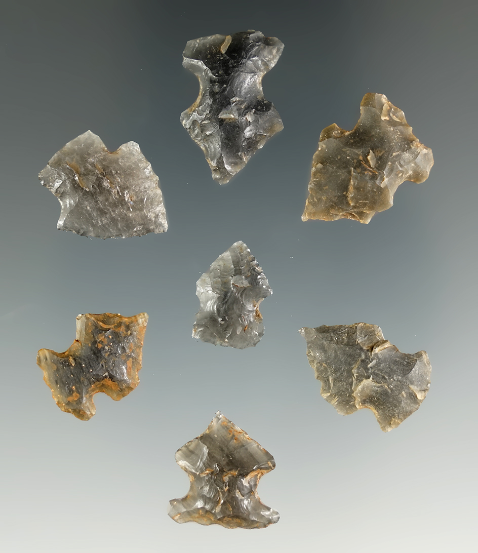 7 untyped arrow points made from Obsidian found in the vicinity of the Pit River, Shasta Co., CA.