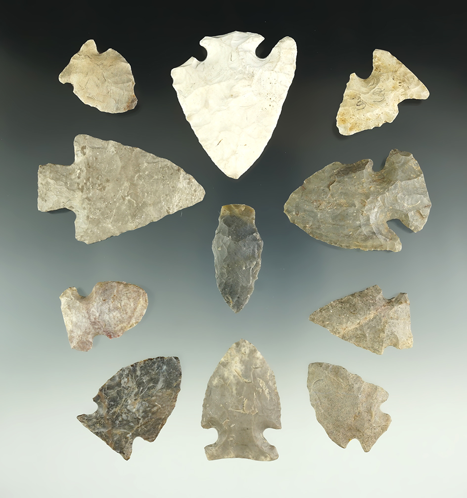 Group of 11 assorted points and knives, largest is 2 7/16". Found in Hillsdale Co., Michigan.