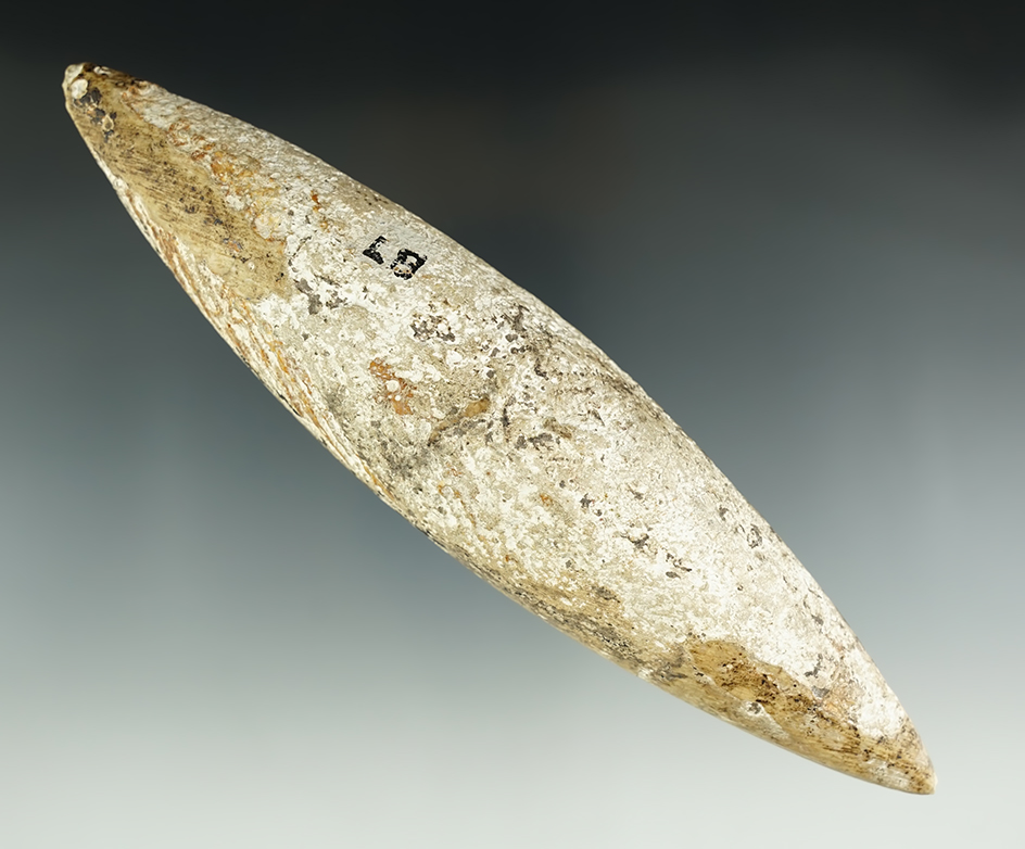 Large 7 3/16" heavily weathered and nicely styled Bi-pointed Charmstone - California.