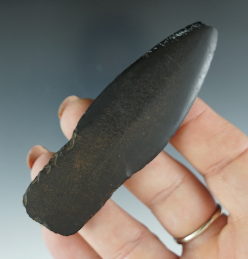 3 3/16" Polished stone harpoon point made from slate. Found on private property Alaska.