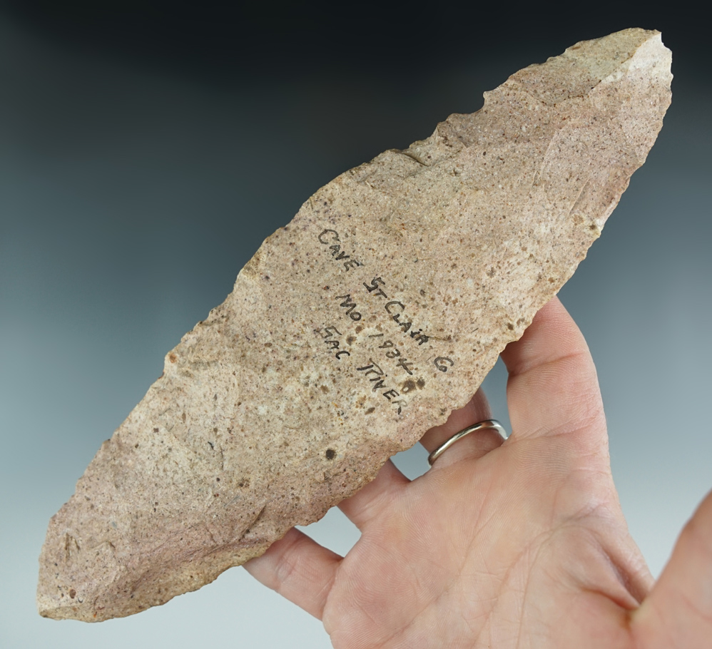 Large! 7 3/4" Bi-pointed knife found in a cave near the Sac River in St. Clair Co., Missouri, in 193