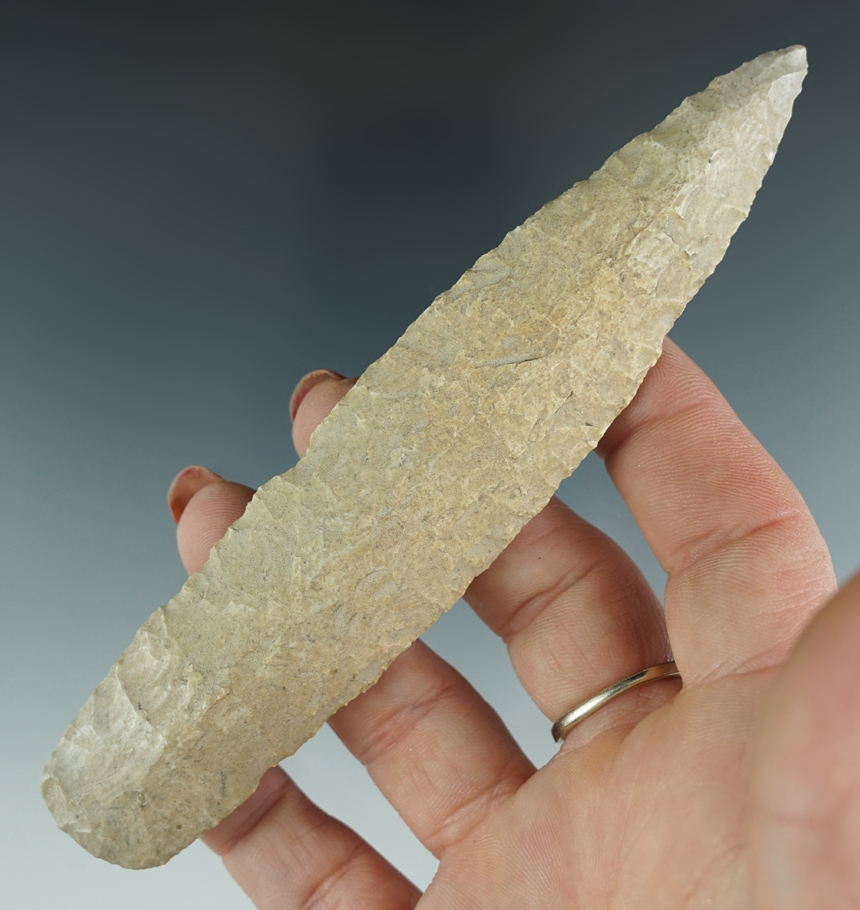 5 1/4" Heavily patinated Agate Basin with nicely ground lower edges and base found in Missouri.