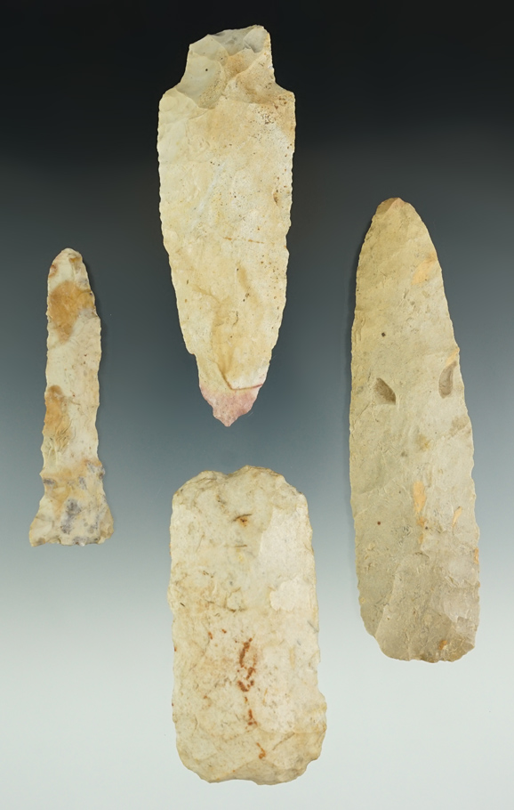 Set of three Flint knives and one drill found in Missouri, largest is 4 5/16".