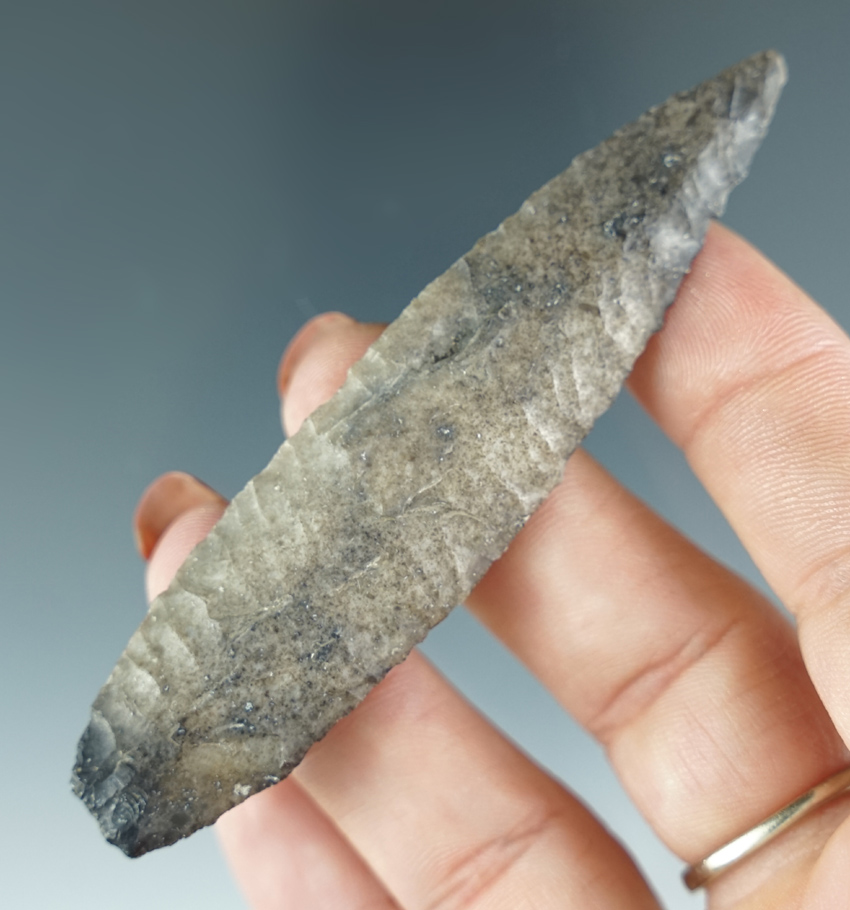 Exceptional flaking on this 3 7/16" Alder complex Lanceolate found in Churchill Co., Nevada.