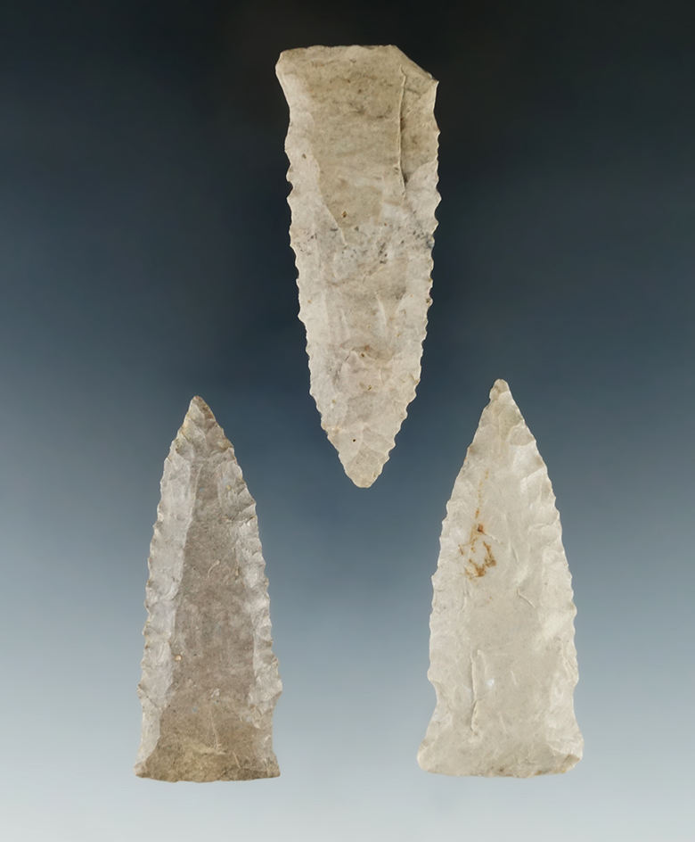 Set of three Harpeth River points found in Tennessee, largest is 2 9/16".