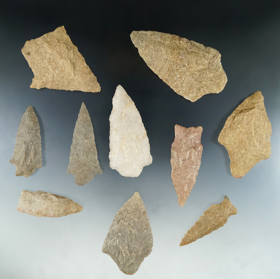 Set of 10 assorted points and knives found in Virginia, largest is 3 1/2".