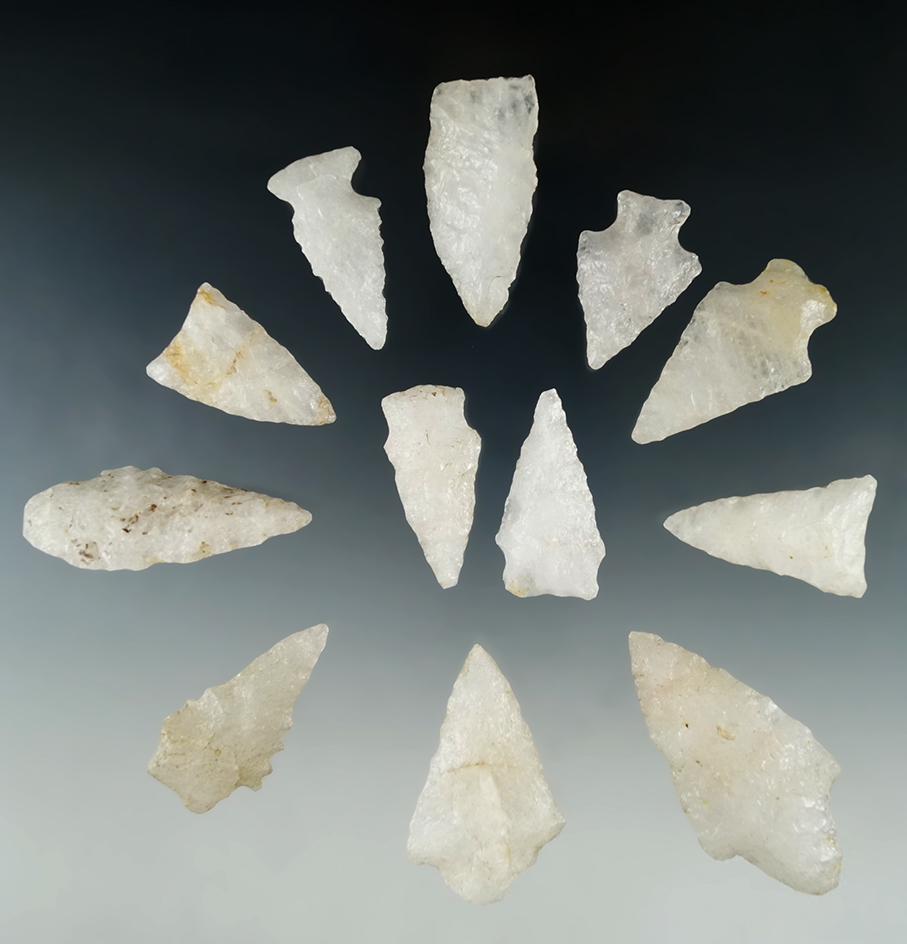 Set of 12 Quartz arrowheads found in Virginia, largest is 2 1/4".