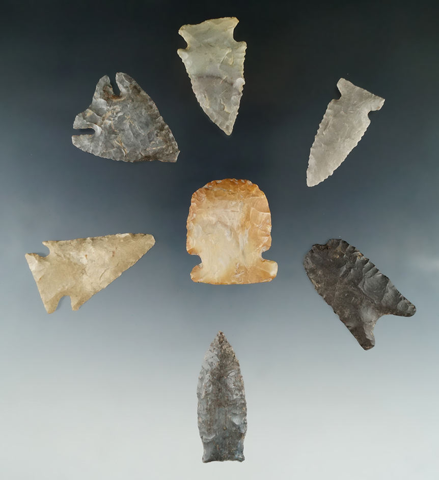 Nice group of seven assorted Tennessee arrowheads including a Paleo, largest is 2".