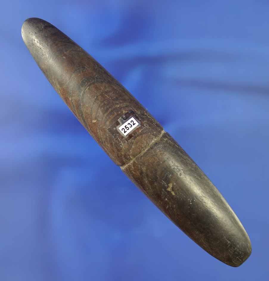 Rare style 5 3/16" center grooved Elliptical Gorget with restoration to 1" at one end. Found in Ohio