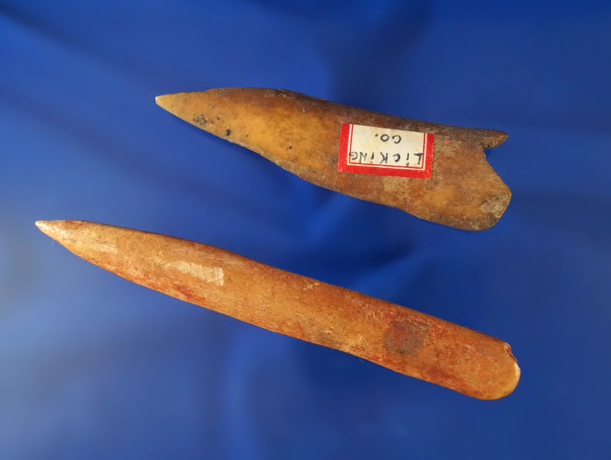 Pair of bone awls found at Flint Ridge in Licking Co., Ohio, largest is 4 1/2"