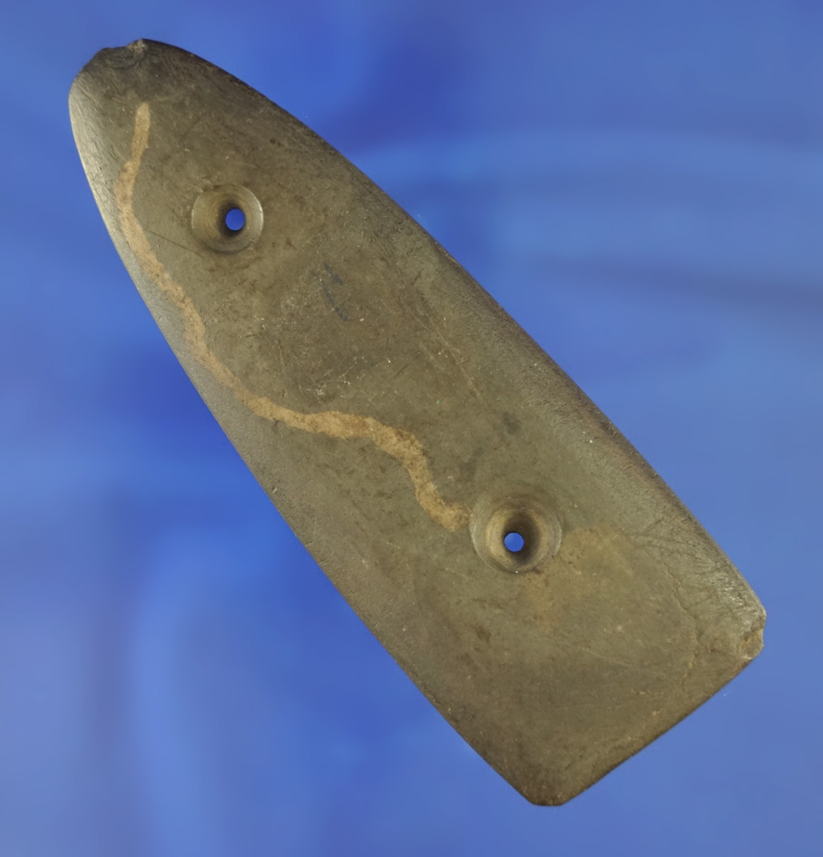 4 7/16" two-hole slate Gorget that was anciently salvaged from a larger Gorget. Found in Ohio.