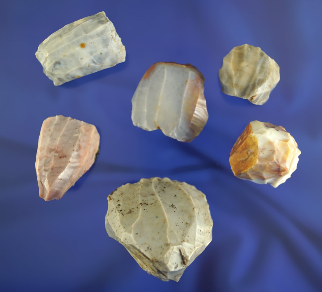 Nice set of six Flint Ridge Flint Hopewell Cores found in Ohio. largest is 2" tall.