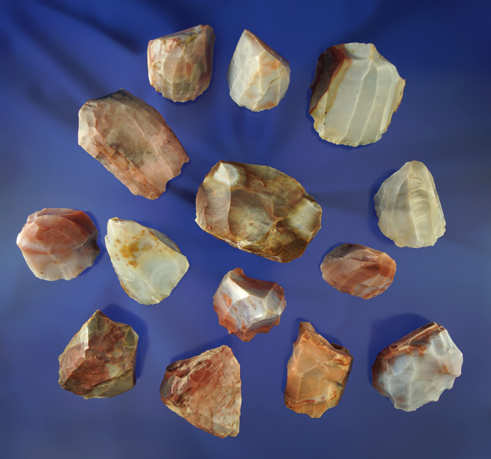 Nice set of 14 Flint Ridge Flint Hopewell Cores found in Ohio. Some are very colorful