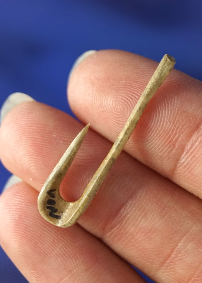 1 3/8" bone Fishhook found in Saltville, Virginia.