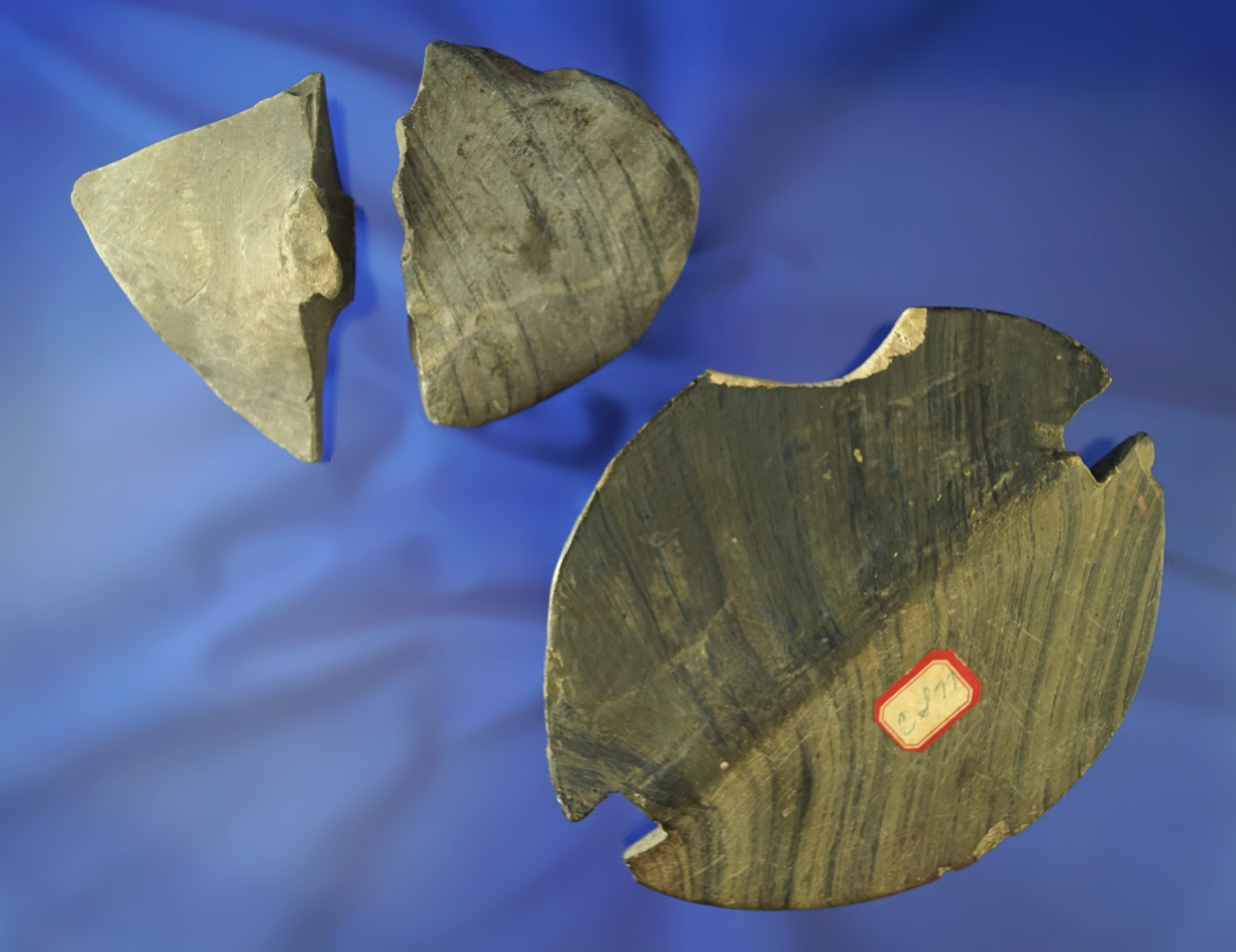 3 damaged Bannerstones: two wings that broke at barrel and 1 double notched ovate 1/2 restored