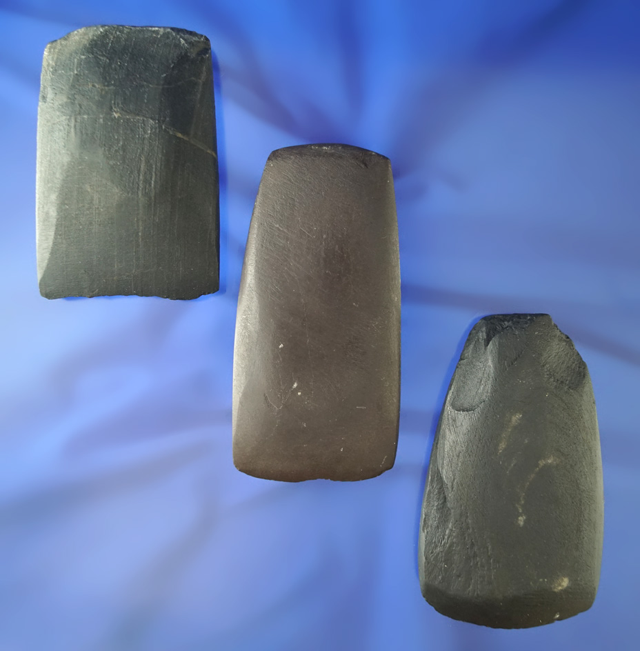 Set of three nicely crafted stone Celts found in Michigan, largest is 3 5/8".  Ex. Phil Wagle