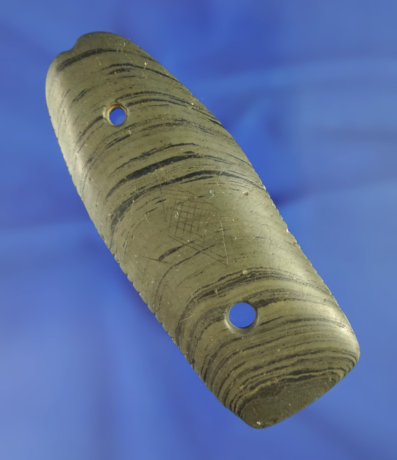 4" banded slate Gorget that was anciently salvaged and heavily tallied - found near Toledo Ohio.