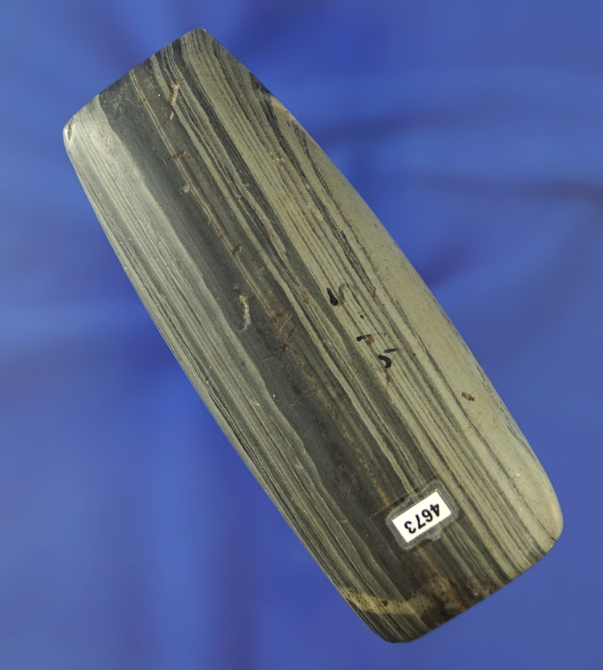 3 13/16" Fluted Tube Bannerstone made from beautifully banded slate found in Ohio.
