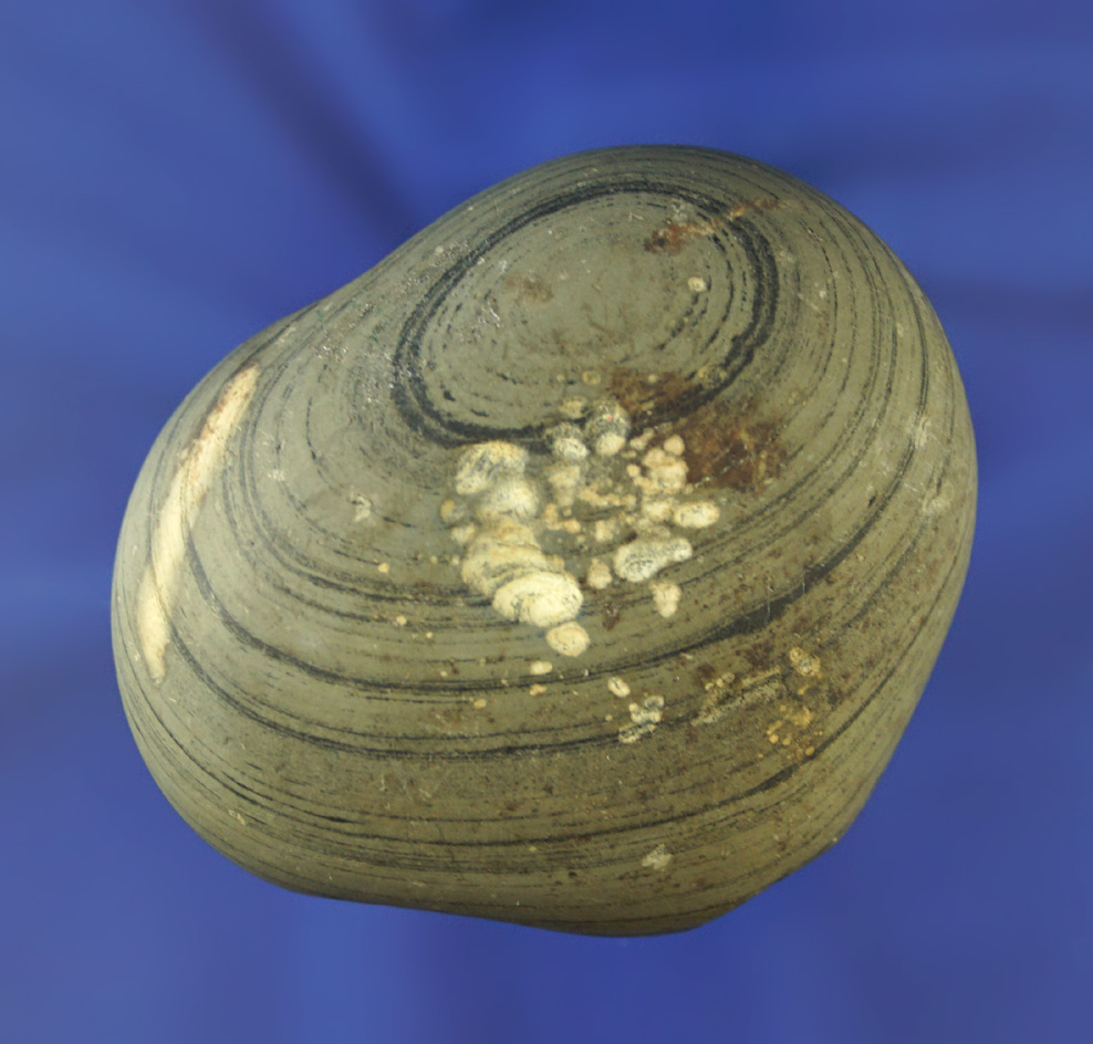 2" tall by 2 1/2" wide uniquely styled Fluted & Flattened  Ball  Bannerstone found in Ohio.