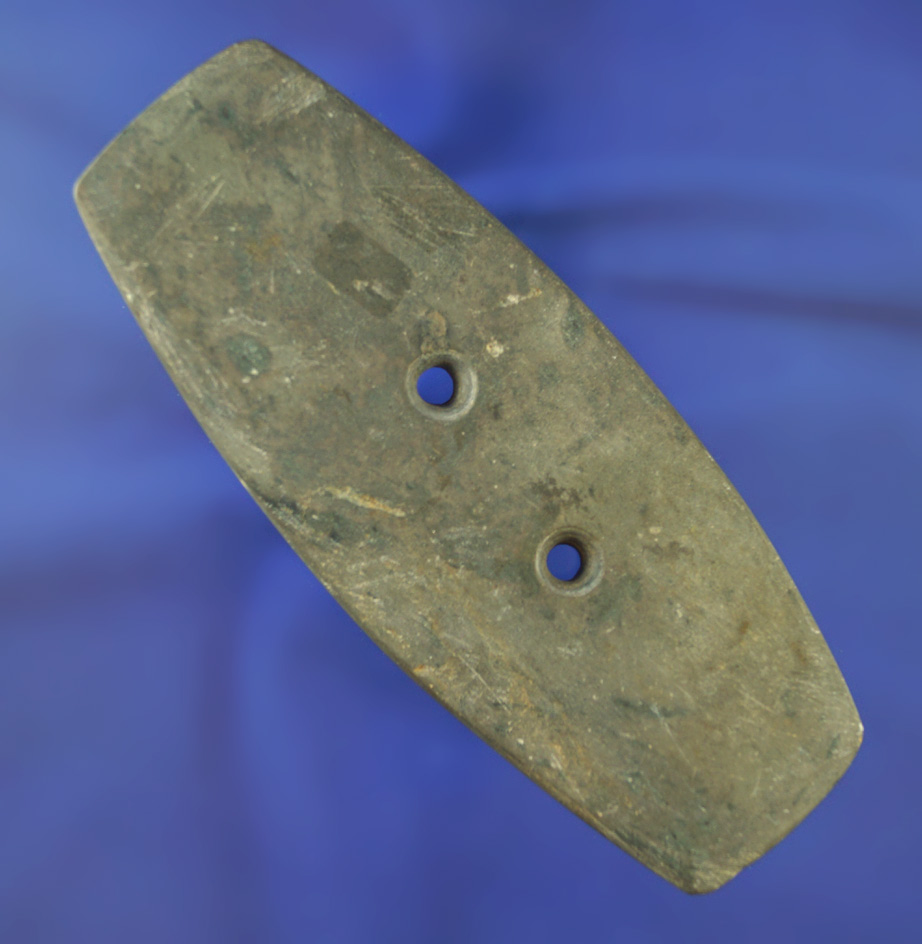 Heavily patinated 5" wide green slate Gorget found in New Jersey.