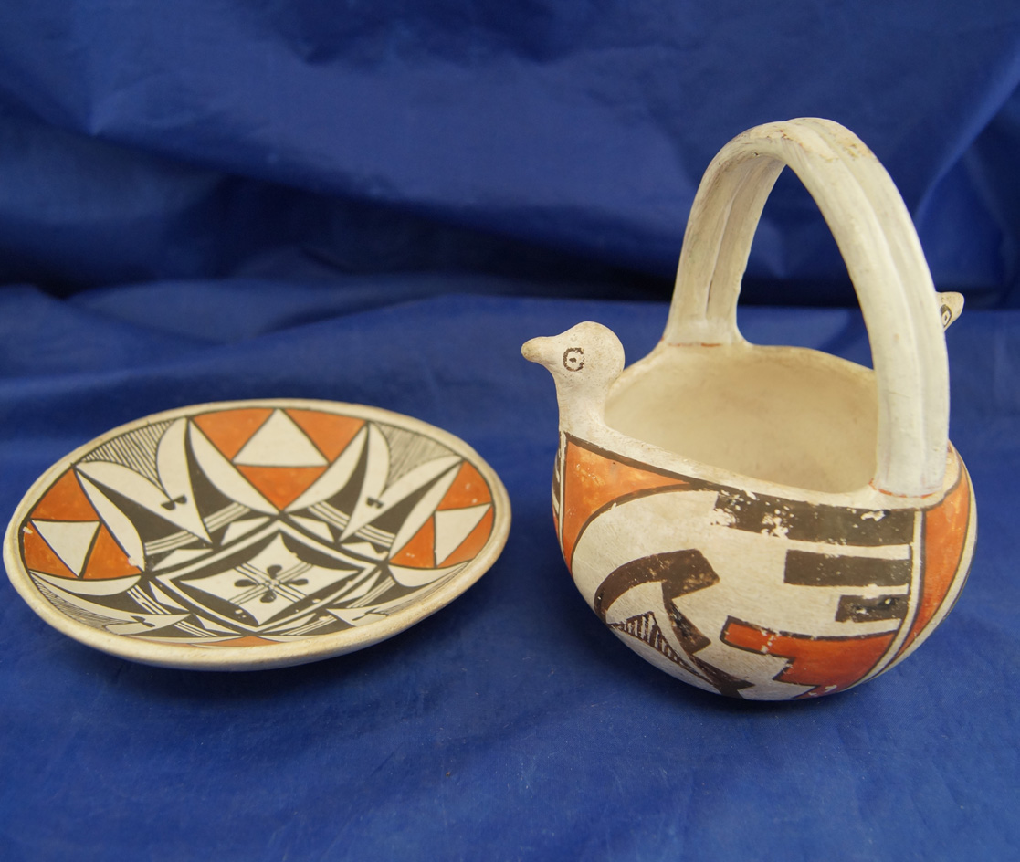 Contemporary Pair of Acoma Pottery vessels, including a Bowl and a 5 1/2" Tall Avian Effigy Basket.