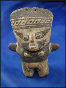 5 1/4" tall Chancay culture Pottery Figure found in Peru. One re-glued piece at top of head.