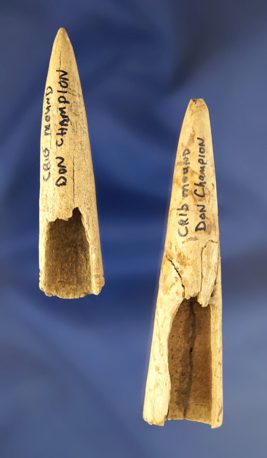 Rare! Pair of antler tip projectile points, one is broken and glued, found at the Crib Mound,  India