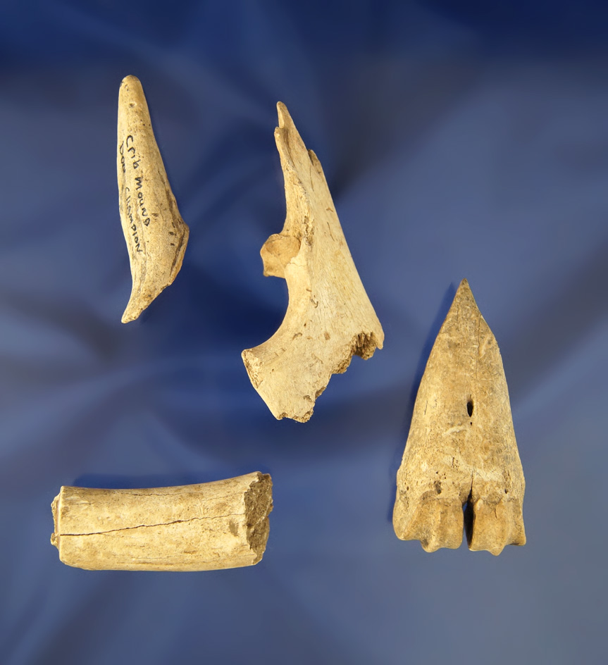 Set of four bone artifacts found by Don Champion  at the Crib Mound, Spencer Co.,  Indiana.