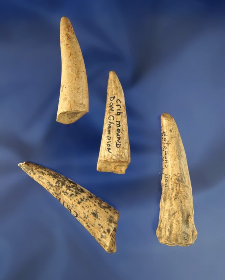 Set of four antler tip tools, largest is 2 1/2" found at the Crib Mound, Spencer Co.,  Indiana