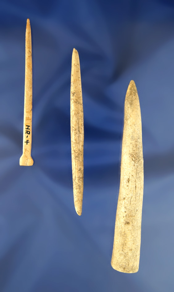 Set of bone and antler artifacts, largest is 4 1/16" found at the Crib Mound, Spencer Co.,  Indiana