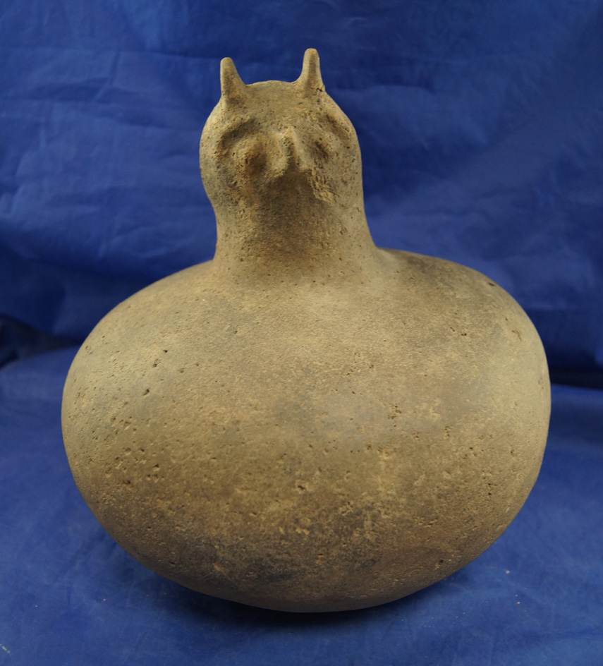 Nice! 8 1/2" Tall by 9" Wide Hooded Owl Effigy Bottle found in Scott Co., Missouri. Ex. Ward