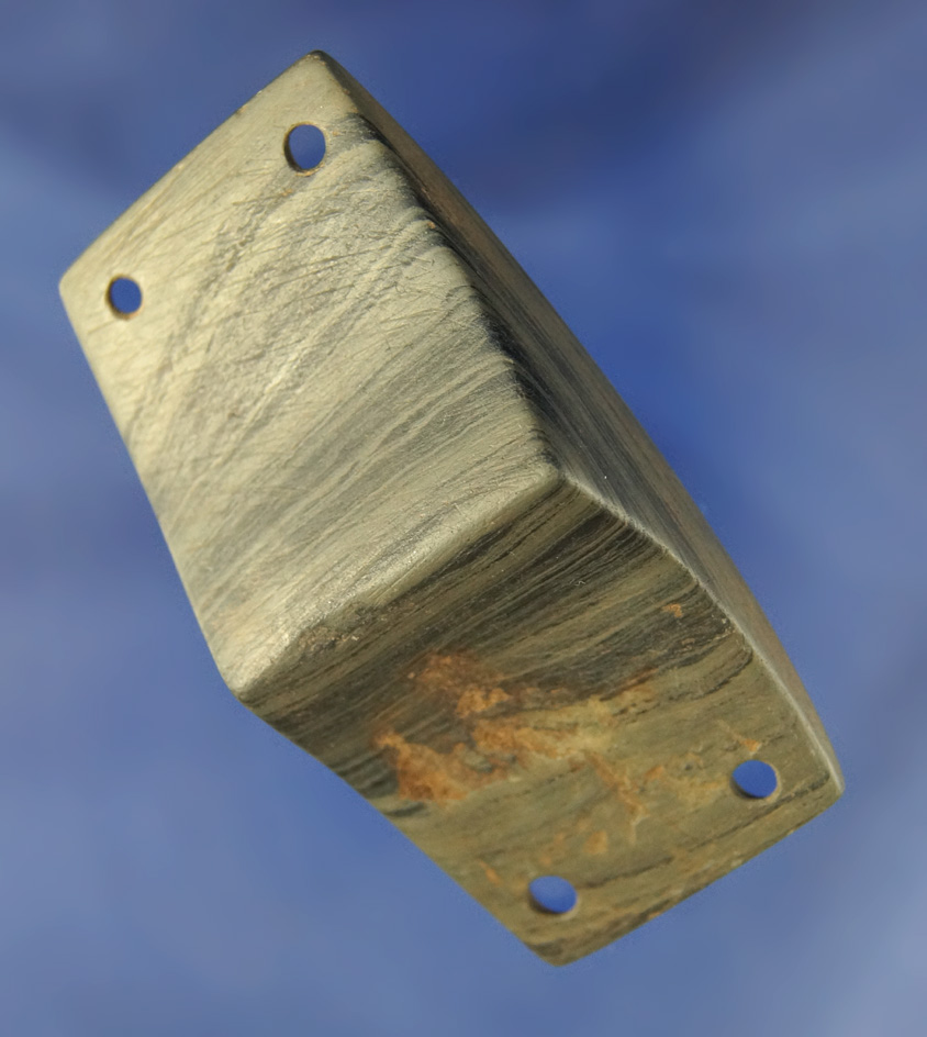 Very unique one-of-a-kind green banded 3 1/8" Gorget or weight with four perforations.Indiana.