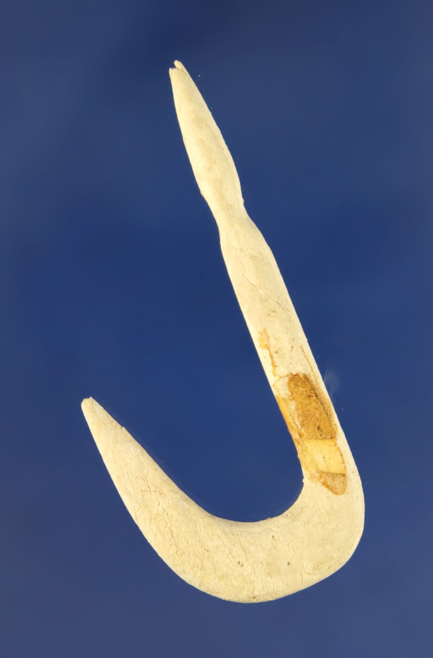 2 1/4" bone fishhook found in Madison Co.,  Alabama.  Pictured in Hothem's antler bone and Shell