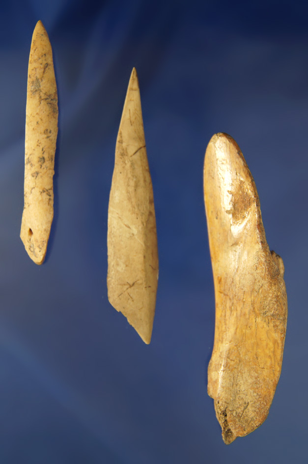 Set of three bone artifacts found at the Fox Field site in Mason Co.,  Kentucky, largest is 4 3/16".