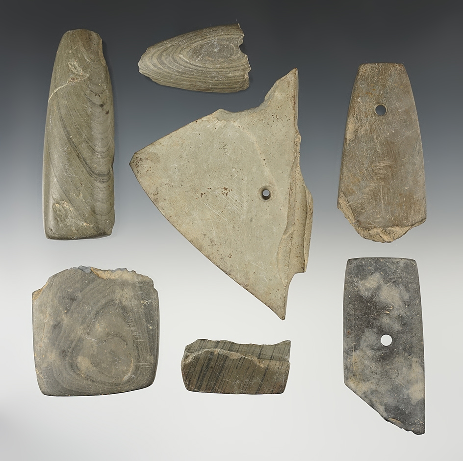 Set of 7 Slate pieces including damaged Pendants, Gorget and Bannerstones. Stark Co., Ohio. 