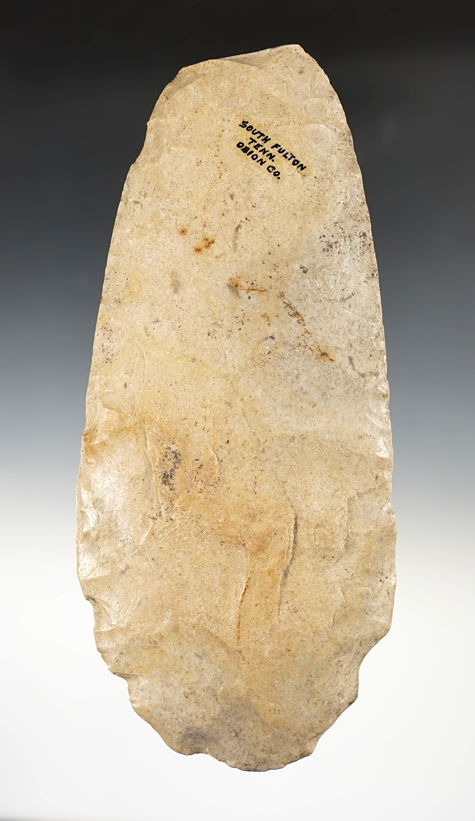 Fine 8 3/4" Spade with heavy ancient use polish to the bit. South Fulton, Obion Co., Tennessee.